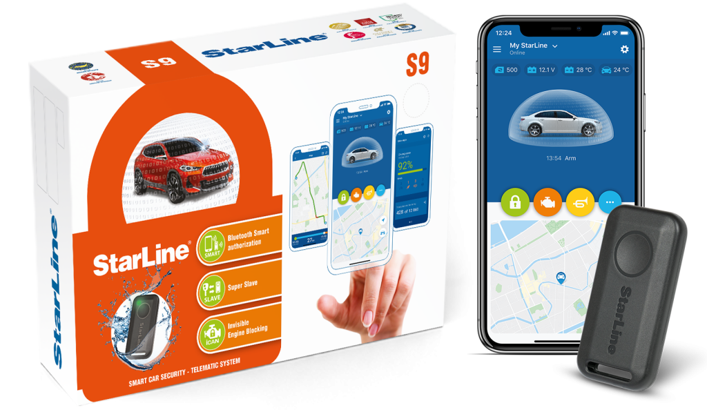 Présentation du système StarLine S9, avec son badge et un écran d’application