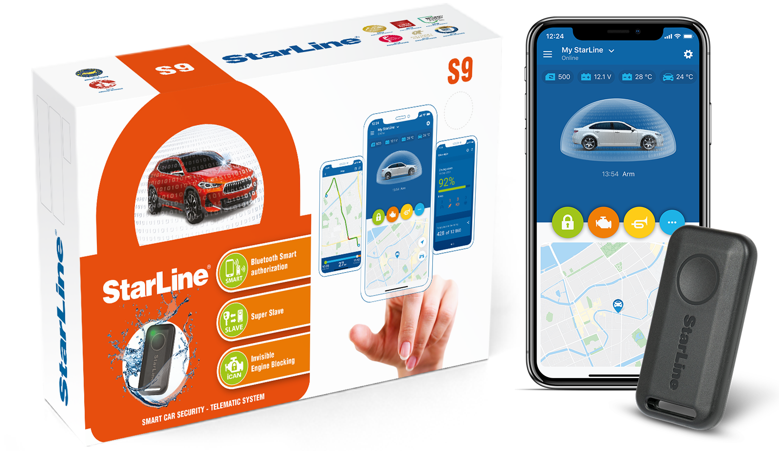 Visuel StarLine S9 avec sa boîte, un badge et un téléphone présentant l’application