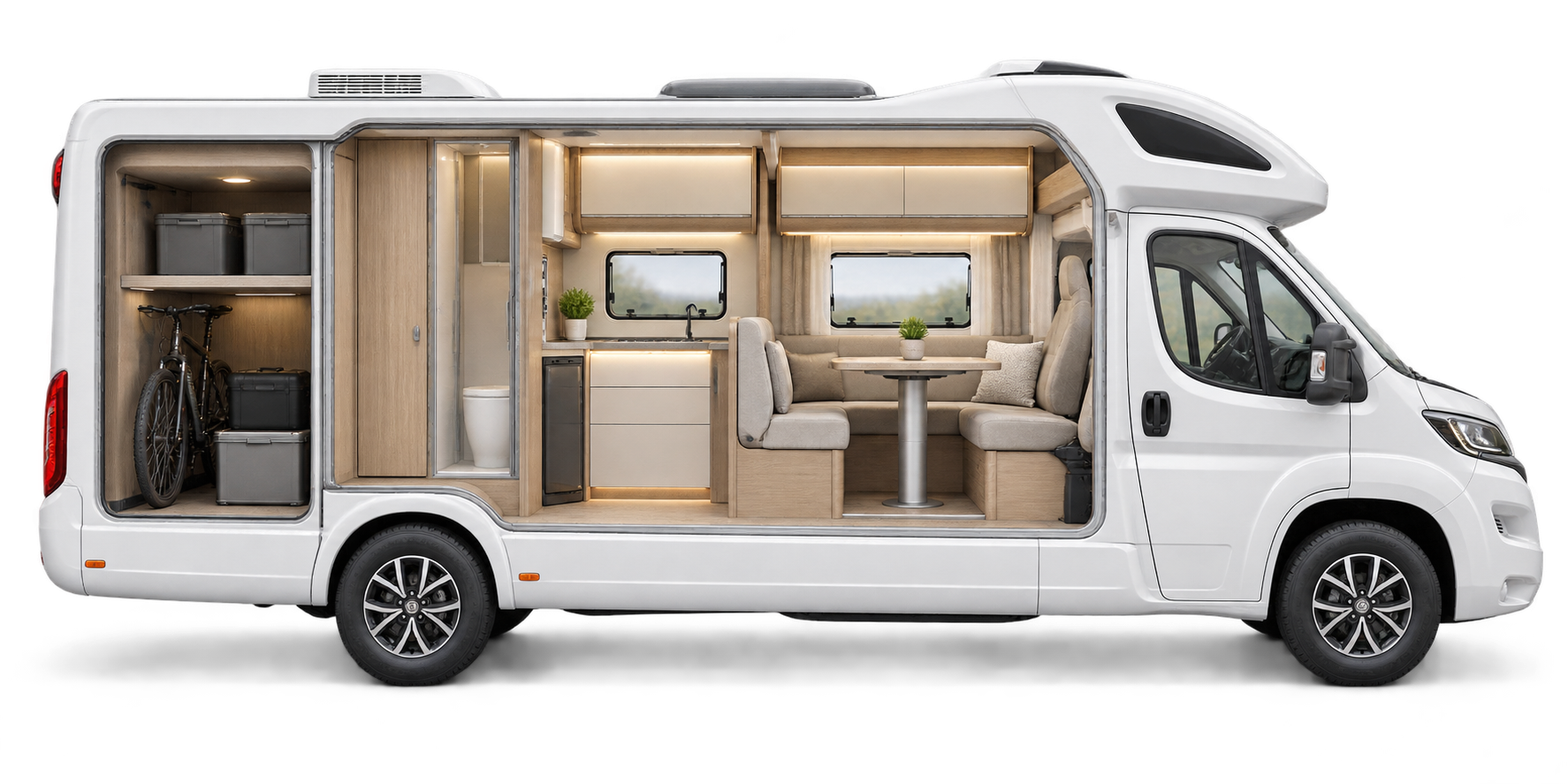 Camping-car en coupe montrant la soute, la cellule, la cuisine et la cabine, avec neuf repères de protection cliquables