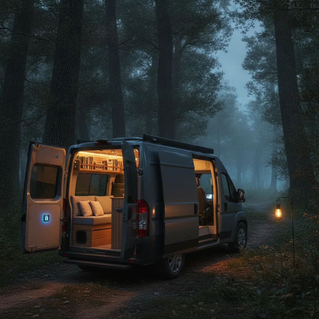 Van aménagé éclairé stationné dans une forêt au crépuscule